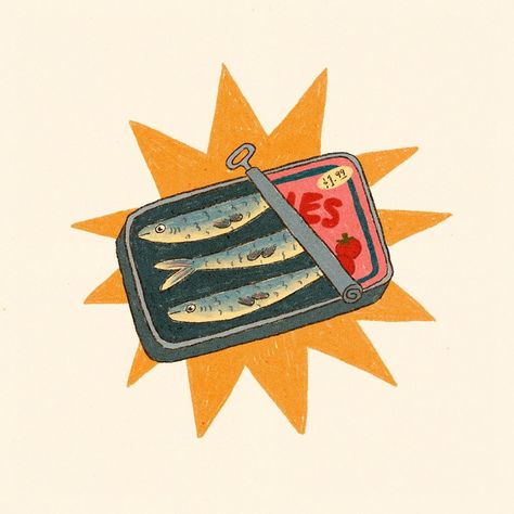 I wish I was a tinned fish girlie 🐟 #procreate #illustration #sketch #cuteart #tinnedfish | Instagram Colorful Aesthetic Drawings, Cute Fish Painting, Fish Aesthetic Drawing, Sardines Drawing, Sardine Tin Tattoo, Fish Art Aesthetic, Fish In A Bag Drawing, Sardine Drawing, Tin Fish Drawing