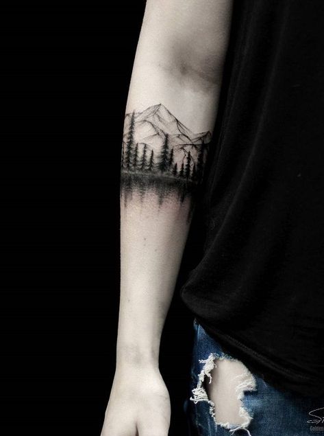 200+ Best Mountain Tattoos for Men (2019) Range, Geometric, Simple, Small Designs | Tattoo Ideas Tattoo Band, Forest Tattoo, Tatuagem Masculina Pequena, Landscape Tattoo, Forest Tattoos, Cat Tattoos, Arm Band Tattoo, Tiny Tattoo, Mountain Tattoo