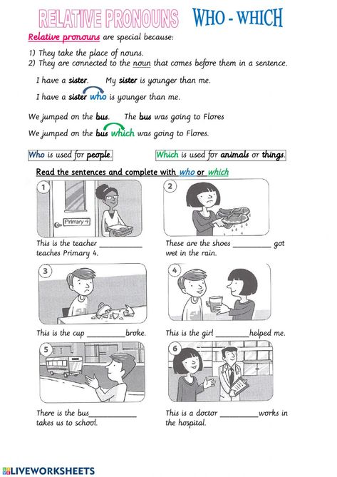 Who - Which worksheet Who That Which Worksheet, Relative Pronouns Worksheet, Relative Clauses, Relative Pronouns, Primary English, English Exercises, Korean Language Learning, English Grammar Worksheets, Learn English Grammar