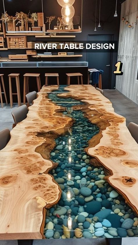 River table design by @designidehub⁠ ⁠ ▶️ Tag someone who would love this.⁠ ⁠ #table #handmade #wooden Seni Resin, Diy Resin Table, Wooden Dining Table Designs, Resin And Wood Diy, Epoxy Wood Table, Wood Resin Table, Decoration Restaurant, Wood Table Design, Epoxy Resin Table