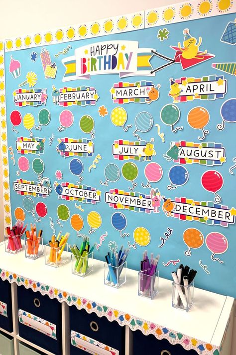 Create a happy space with colorful classroom decor using the Happy Place Birthday bulletin board set by Carson Dellosa Class Birthday Display, Birthday Chart Classroom, Birthday Bulletin Board, Polka Dot Classroom, Birthday Board Classroom, Kindergarten Decorations, Class Birthdays, Birthday Bulletin Boards, Birthday Bulletin