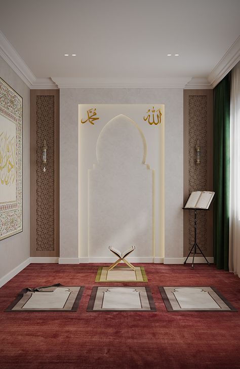 Mushola Outdoor, Musholla Design Room Ideas, Prayer Room Design Muslim, Prayer Room Design, Namaz Room, Meditation Room Decor Spiritual, Islamic Interior Design, Muslim Prayer Room Ideas, Round Stairs