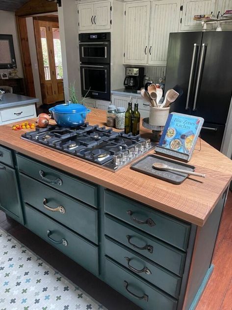 Due to a broken cooktop and vent system, it was time for a kitchen upgrade. We saved LOTS of money by doing this job ourselves. In this post, I'll give you an overview of how we did it in just one weekend!Here's the original look: Stove Top Separate From Oven, Kitchen Island With Oven And Stovetop, Kitchen Island With Stove Top, Butcher Block Cabinets, Flat Top Stove, Kitchen Island With Cooktop, Kitchen Island With Stove, Island Cooktop, Butcher Block Island