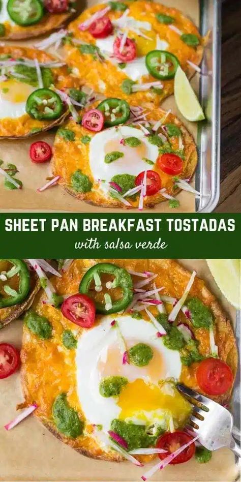 A Southwestern take on eggs and toast, these sheet pan breakfast tostadas are a step away from ordinary, with crunchy corn tortillas, sharp cheddar cheese, eggs, and brilliant salsa verde. Breakfast Tostadas, Sheet Pan Breakfast, Eggs And Toast, Tortilla Bake, Crunchy Corn, Tostada Recipes, Crescent Roll Breakfast Casserole, Breakfast Wraps, Baked Bacon