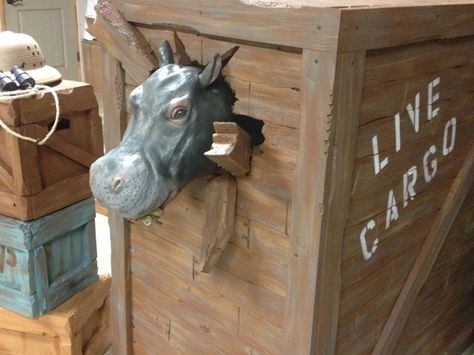 Journey Off The Map VBS Live cargo box made from foam board and hippo is a latex mask. Jungle Cruise Disneyland, Maker Fun Factory Vbs, Lifeway Vbs, Vacation Bible School Themes, Post Prom, Rainforest Theme, Children's Church Crafts, Monster Mask, Jungle Cruise