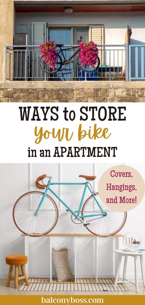 Learn ways to store your bike in an apartment! Apartment bike storage is vital for security but it’s tricky to organize in small spaces. After all, you want your bike to be safe without having to climb over it every time you need to move around your apartment. Click through for covers, hanging, and locking options for your small space. Small Apartment Bike Storage, Apartment Bike Storage, Bike Storage Small Space, Apartment Outside, Bike Storage Ideas, Bike Storage Apartment, Small Space Hacks, Bike Cover, Bike Store