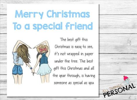 Best gift at Christmas ...A cute, simple and touching card to wish a special friend a merry christmas!This card is printed on premium 250gsm white card and is supplied complete with an envelope. The inside is left blank so you can add your own message for the extra personal touch. Every card is beautifully presented in a clear cellophane bag.We are always happy to make small changes to the colours or wording of any of our designs to help you create your perfect gift. So if you would like any ame Christmas Cards To Friends, Christmas Card Ideas For Best Friends, Christmas Wish For Best Friend, Christmas Wishes For Bestie, Funny Christmas Quotes For Friends, Christmas Message For Best Friend, Best Friend Christmas Quotes, Best Friend Christmas Card Message, Cute Christmas Cards For Friends