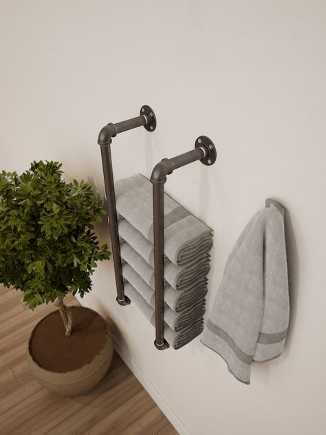 Farmhouse Bathroom Towels, Industrial Towel Rack, Pipe Towel Rack, Industrial Farmhouse Bathroom, Industrial Showers, Bathroom Towel Storage, Pipe Decor, Towel Organization, Industrial Bathroom