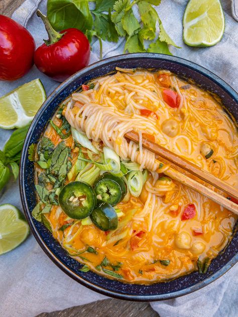 Thai Red Curry with Chickpeas & Rice Noodles - Sara Sullivan Vegetarian Red Curry, Thai Red Curry Soup, Curry With Chickpeas, Red Curry Noodle Soup, Vegetarian Thai, Chickpea Soup, Curry Noodles, Vegetarian Curry, Curry Soup