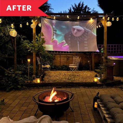 After: Patio with fire pit and screen for projecting movies Backyard Movie Nights, Outdoor Projector, Building A Pergola, Backyard Movie, Cozy Backyard, Backyard Remodel, Backyard Inspiration, Backyard Inspo, Outdoor Movie