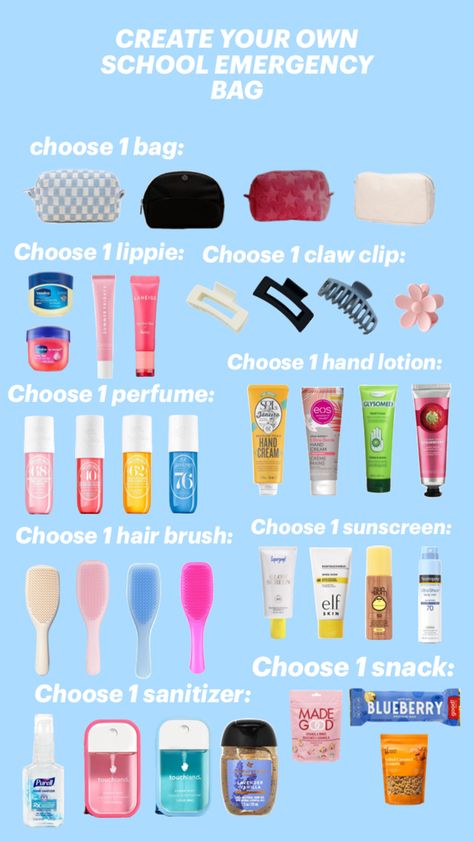 School Makeup Bag, Trip Essentials Packing Lists, Road Trip Kit, School Emergency Kit, School Backpack Essentials, Preppy School Supplies, School Routine For Teens, Things To Pack, Pretty School Supplies