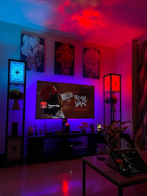 This took me at least a year or more to find all these products and bring them together. Aesthetic Room With Mirror, Modern Apartment Decor Aesthetic, Blacklight Living Room, Lit Bedroom Ideas, Vibey Interior Design, Living Room Asthetics Luxury, Rgb Living Room Ideas, Indie Studio Apartment, Men’s Gaming Room Ideas