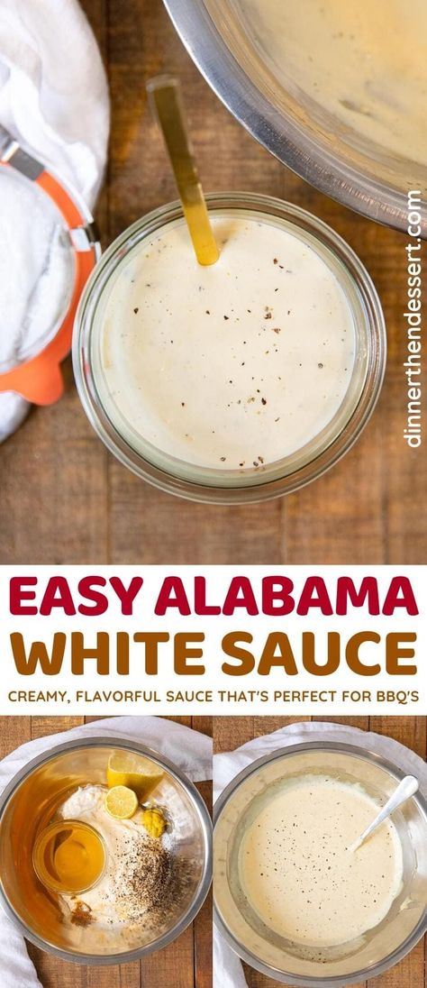 Alabama White Sauce is a creamy, tangy BBQ sauce with a kick! #BBQ #barbecuesauce #bbqsauce #barbecue #alabamawhitesauce #grilling #tailgate #dinnerthendessert Easy White Sauce, White Sauce Recipe, Easy Bbq Recipes, Alabama White Sauce, White Bbq Sauce, Dipping Sauces For Chicken, Wing Sauce Recipes, White Sauce Recipes, Tangy Bbq Sauce