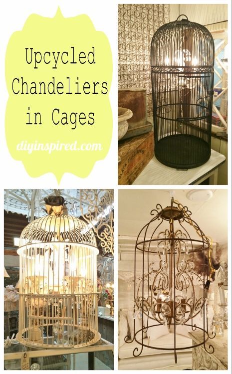 Upcycled Chandeliers in Cages plus a lot of repurposed lighting inspiration Bird Cage Light Fixture, Chandeliers Diy, Birdcage Ideas, Repurposed Lighting, Reuse Recycle Repurpose, Repurposing Ideas, Outdoor Chandelier, Grey Couches, Bird Cage Decor