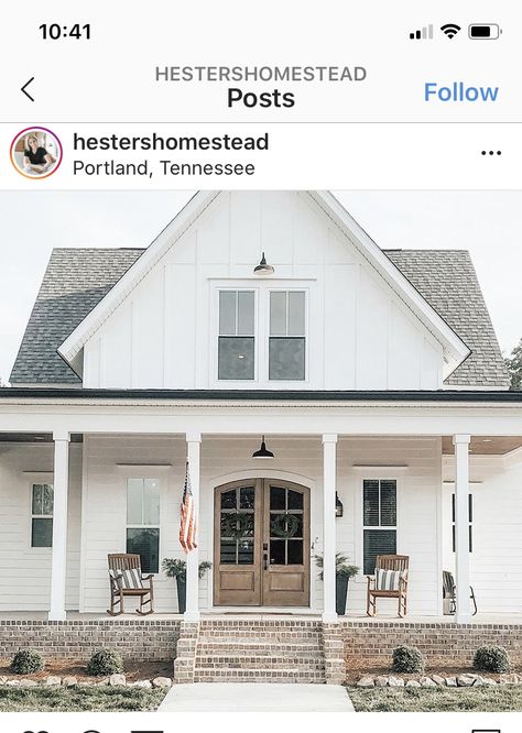 Four Gables Farmhouse, Farmhouse Exteriors, White Farmhouse Exterior, Brick Porch, Home Designs Exterior, White Siding, American Farmhouse Style, Porch Columns, American Farmhouse