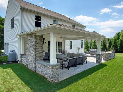 Stone Porch / Techo Bloc Patio - Lititz, PA | Sq Ft | Keystone Custom Decks Stone Porch, Ideas Backyard Patio, Stone Porches, Backyard Covered Patios, Covered Patio Design, Patio Remodel, Patio Plans, Outdoor Covered Patio, Concrete Patios