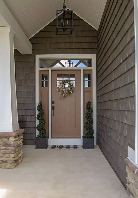 Front Door And Sidelights Painted, Brown Painted Door Exterior, Brown House With Colored Front Door, Front Door For Brown House, Painted Brown Front Door, Front Door Color With Brown House, Front Door With Sidelights Paint Ideas, Brown House Front Door Color Ideas, Front Door On Brown House