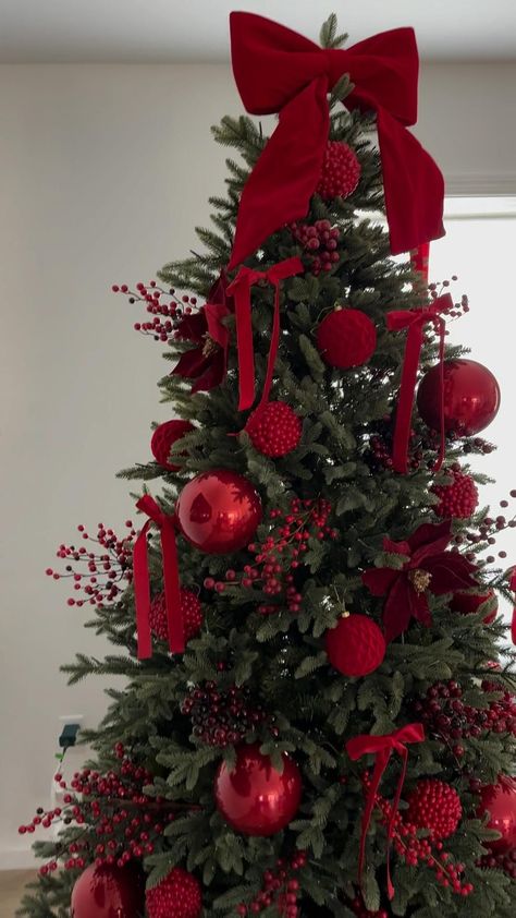 Christmas Tree Red Minimalist, Tree Colors Christmas, Little Red Bows On Christmas Tree, Bows And Berries Christmas Tree, Snowy Christmas Tree Decorations Red, Red Decoration Christmas Tree, Christmas Tree Decor Aesthetic, Red And Gold Ribbon Christmas Tree, Red Christmas Decor Aesthetic