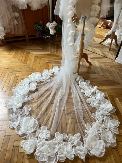 Cathedral tulle veil  is decorated organza flowers. Unique handmade design. Unique Cathedral Veil, Bridal Veil With Flowers, Unique Wedding Veils, Engagement Ring Platter, Ring Platter, Cathedral Bridal Veils, Flowers Unique, Flower Veil, Tulle Veil