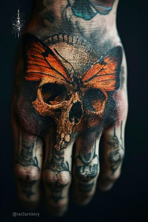 Dare to make a statement with a butterfly skull hand tattoo. This bold design intertwines the gentleness of a butterfly with the raw edge of a skull, creating a striking contrast that's sure to captivate. Explore our collection and let your hands express your unique story. #ButterflySkullInk #HandTattoo #BoldDesigns #InkInspiration #TattooArt 🎨 Ink Butterfly, Skull Hand Tattoo, Hand Tattoo Ideas, Butterfly Skull, Skull Hand, Hand Tattoos For Guys, Hand Tattoo, A Skull, Skull Art