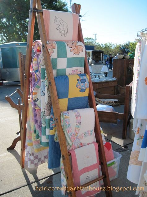 Quilt Ladder Display Ladder Diy, How To Display Quilts At Craft Show, Craft Show Quilt Display Ideas, Craft Show Blanket Display, Quilt Vendor Display, Quilt Ladder Display, Quilt Display Ideas Craft Fairs, How To Display Blankets At A Craft Fair, Hanging Quilt Ladder