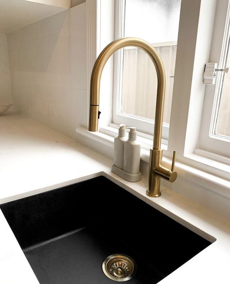 Granite Sink: Sink warehouse Tap: @abiinteriors Stone bench top: @smartstone_au Gold Faucet Black Sink, Gold Tap Kitchen, Black Sink Brass Tap, Black Sink Brass Faucet, Black Kitchen Sink Gold Faucet, Black Tapware Kitchen, Black Sink Golden Faucet Kitchen, Gold Kitchen Tap, Gold Tapware Kitchen