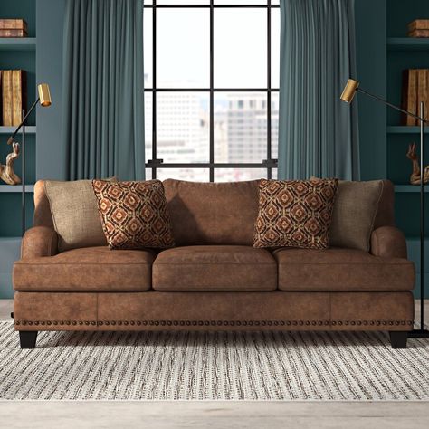 Greyleigh™ Cainsville 93'' Recessed Arm Sofa with Reversible Cushions & Reviews | Wayfair Dark Brown Sofas, Brown Sofa Living Room, Suede Sofa, Solid Wood Design, House Bedrooms, Brown Furniture, Leather Living Room Set, Sofa Colors, Movie Marathon