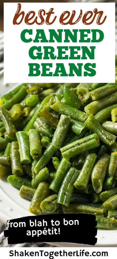 Sautéed canned green beans are a fast and easy side dish made with a pantry staple. Take ordinary canned green beans to the next level with this tasty 15 minute recipe. Green Beans From Can Recipes, Canned Veggie Side Dishes, How To Prepare Canned Green Beans, Elevate Canned Green Beans, Make Canned Green Beans Taste Better, Seasonings For Green Beans, How To Jazz Up Canned Green Beans, Quick And Easy Green Beans, How To Doctor Up Canned Green Beans