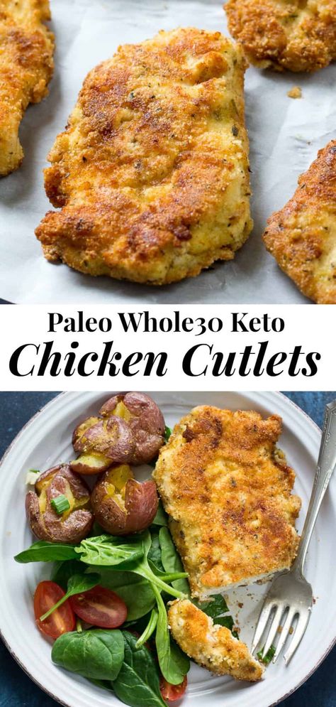 My family's favorite crispy "breaded" Paleo Chicken Cutlets that are super easy, quick, and just as good as the original.  Whole30 compliant, low carb, keto and kid friendly - you can put these on you "go-to" weeknight dinner list! #paleo #keto #whole30 Dinner List, Chicken Cutlet Recipes, Breaded Chicken Cutlets, Resep Diet Sehat, Easy Whole 30 Recipes, Chicken Schnitzel, Cutlets Recipes, Whole30 Dinners, Resep Diet