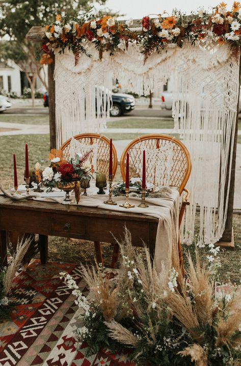 Whimsical Boho Wedding Decor, Boho Maroon Wedding, Macrame Sweetheart Table, Fall Boho Sweetheart Table, Boho Wedding Macrame, Boho Wedding Furniture, Boho Wedding Altar Ideas, Boho Chandelier Wedding, Boho Macrame Wedding Decor