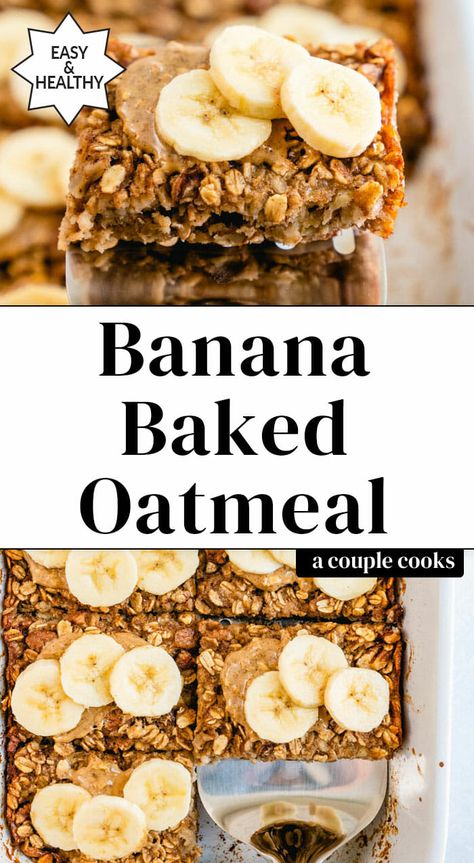 This banana baked oatmeal is the ideal breakfast! It's plant based and vegan, full of healthy ingredients and irresistible flavor. #bananabakedoatmeal #bakedoatmeal #bananarecipe #breakfastrecipe #healthybreakfast #easybreakfast #veganbakedoatmeal #veganbreakfast Baked Oatmeal Vegan, Vegan Baked Oatmeal, Oatmeal Vegan, Banana Baked Oatmeal, A Couple Cooks, Baked Oatmeal Recipes, Couple Cooking, Granola Healthy, Banana Oatmeal