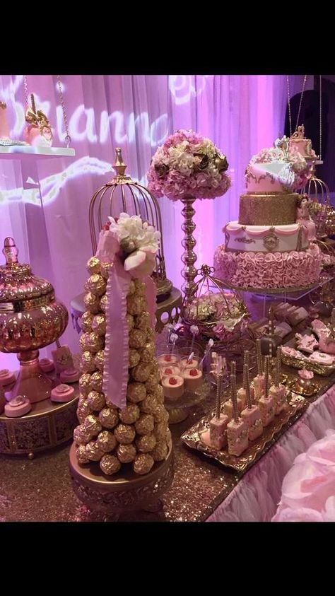 Princess brianna birthday party | CatchMyParty.com 15 Party Ideas Quinceanera, Princess Birthday Party Ideas, Quince Decor, Sweet 15 Party Ideas Quinceanera, Sweet 15 Party Ideas, Quinceanera Pink, Pink Quince, Quinceanera Planning, Quinceanera Cakes