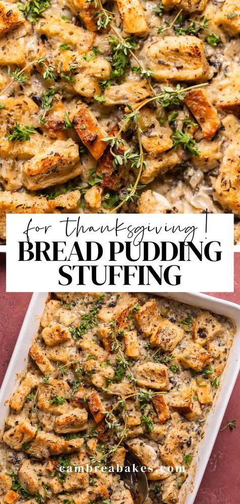 Full of flavor and perfect for making ahead, this savory bread pudding steals the show at holiday meals! Leftover stale bread, creamy custard, and fresh herbs create a delicious casserole that's perfect for Thanksgiving and Christmas! Savory Bread Pudding Recipe, Stale Bread Recipes, Cambrea Bakes, Classic Stuffing Recipe, Savory Bread Pudding, Thanksgiving Bread, Bread Crumbs Recipe, Savory Bread Puddings, Savory Scones