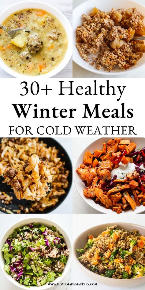 These healthy winter recipes are the best way to nourish your body during cold weather season. In this collection of healthy winter meals you’ll find comforting dinner ideas like curries or soups, as well as nutritious breakfast recipes like oatmeal or pancakes, which are all perfect for cold weather. Ideas For Healthy Meals, Healthy Dinners For Cold Weather, Healthy Comforting Dinner Recipes, Winter Gluten Free Recipes, Healthy Valentines Meals, Dinner For A Crowd Healthy, Dinner Ideas On Cold Days, Nutritious Winter Meals, Healthy Meals For Cold Weather