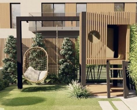 Small Outdoor Playground, Modern Backyard Playground, Modern Outdoor Playground, Modern Playground Design, Garden Play Area Ideas, Garden Kids Play Area, Modern Hammock, Contemporary Porch, Modern Playhouse