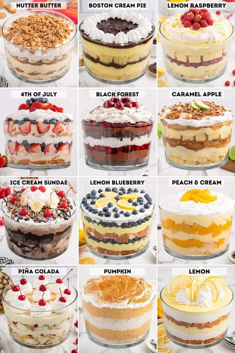 Check out our collection of delicious trifle recipes! From classic berry swirls to decadent chocolate creations, find the perfect recipe to wow your guests. Easy layering and endless flavor options make trifles a guaranteed crowd-pleaser. #trifle #trifles #layereddessert #nobake Triffle Desserts Simple, Easy Trifle Recipe, Summer Trifle Recipes, Trifle Recipes Easy, Trifle Bowl Recipes, Easy Trifle, Trifle Cake, Trifle Dessert Recipes, Trifle Recipes