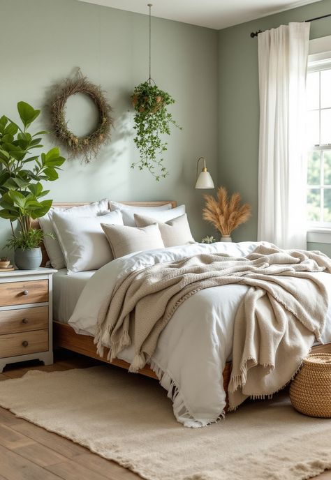 Sage Green Farmhouse Bedroom Master Bedrooms Cream And Sage, Sage Green And Sand Bedroom, Sage Green Farmhouse Decor, Rooms With Sage Green Walls, White And Light Green Bedroom, Sage And Neutral Bedroom, Sage Green And White Bedroom Aesthetic, Green And Taupe Bedroom, Sage Color Palette Bedroom