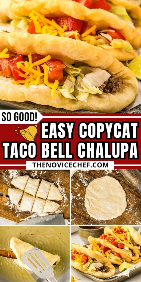 This copycat Taco Bell chalupa with homemade golden, puffy shells and browned beef-onion filling is perfect when you're craving take-out. Load up on toppings like sour cream and juicy tomatoes for a tex-mex fiesta! Copycat Taco Bell Chalupa, Chalupa Shells Recipe, Chalupa Sauce Recipe, Diy Chalupa Shell, Taco Bell Gorditas Recipe Mexican, Homemade Chalupa Shells, Chalupa Bread Recipe, Chalupa Recipe Shells, Taco Bell Chalupa Recipe