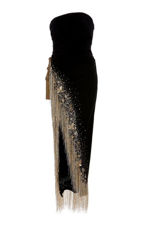 Strapless Gown With Fringe And Bead Embellishments by OSCAR DE LA RENTA for Preorder on Moda Operandi