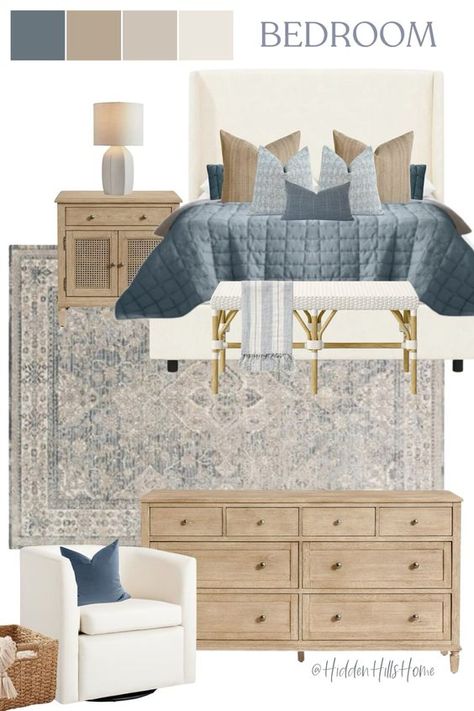 Blue And Beige Bedrooms Master, Guest Bedroom With Blue Accents, Master Bedrooms Blue Decor, Classy Blue Bedroom Ideas, Cream Guest Bedroom Ideas, Blue Gray Beige Bedroom, Neutral Blue Bedroom Ideas, Navy White And Beige Bedroom, Blue Gray Gold Bedroom