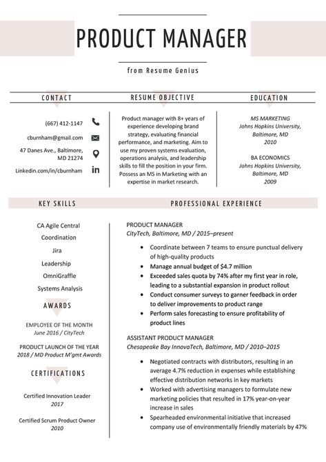 Product Manager Resume Sample & Writing Tips | Resume Genius Cv Tips Professional Cv, Product Manager Cv, Accounting Assistant, Linkedin Resume, Cv Inspiration, Project Manager Resume, Cv Tips, Business Resume, Job Skills