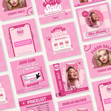 Pink Retro Social Media Post Templates, Canva Editable Instagram Flyers for Hair/Lash/Nails/Cosmetics- Beauty Branding, Y2K instagram Y2k Social Media Design, Social Media Templates Design, Retro Social Media, Pink Social Media, Retro Template, Y2k Instagram, Canva Social Media Templates, Beauty Branding, Instagram Branding Design