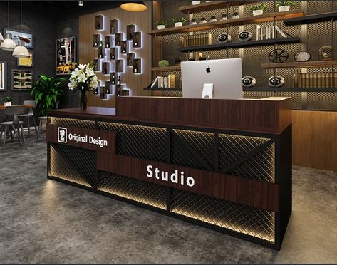 Industrial Living Room Design, Gym Design Interior, Bar Counter Design, Coffee Bar Design, Store Design Boutique, Gym Interior, Reception Desks, Showroom Interior Design, Store Interiors