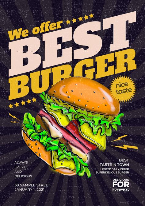 Simple retro burger fast food promotion poster#pikbest#templates Advertisment Poster Products, Promotion Food Design, Fast Food Advertising Poster, Retro Food Ads, Burger Design Poster, Burger Poster Design Graphics, Advertisement Poster Drawing, Food Advertisement Poster Products, Promotion Poster Ideas