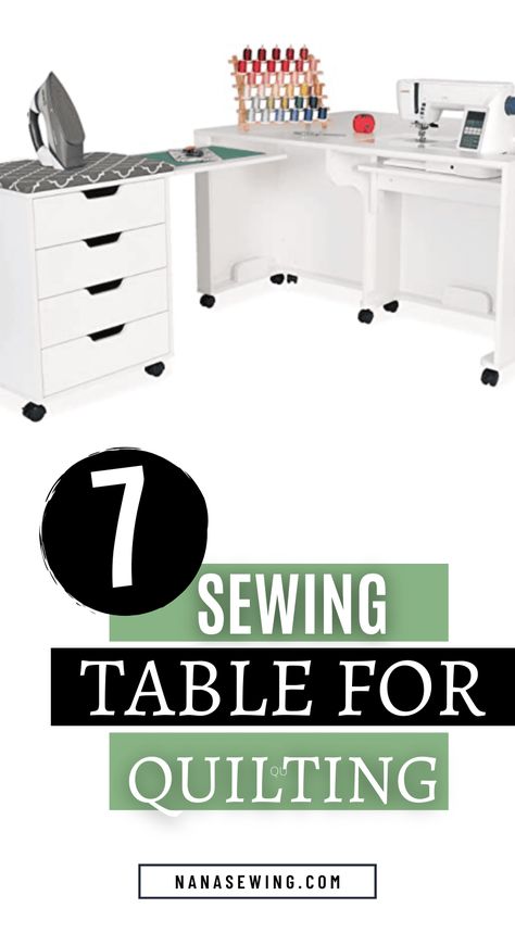 Find the perfect sewing table for quilting with these 7 choices. Whether you need a craft table for a small space or a sewing table for your dream sewing room, these are some of the best on the market today. Sewing Table For Janome M7, Sewing Table With Storage, Sewing Tables Ideas Work Stations Diy, Portable Sewing Table, Diy Sewing Table Ideas Small Spaces, Sewing Tables Ideas Work Stations, Sewing Station Ideas Small Spaces, Sewing Table Ideas Diy, Sewing Table Ideas