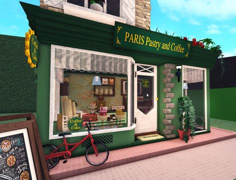 Mini House Bloxburg, Ideas For Bloxburg, Bloxburg House Builds, Coffee In Paris, Cafe Exterior, Bloxburg Builds, Bloxburg Decals Codes Wallpaper, House Decorating Ideas Apartments, Small House Layout