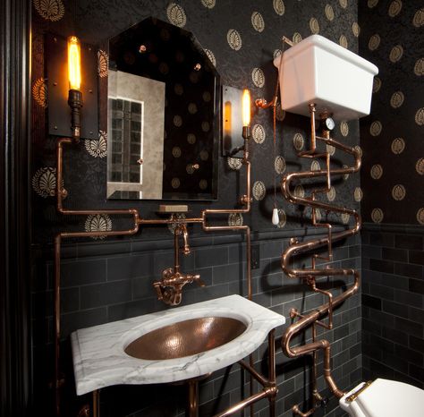 STEAMPUNK BATHROOM IDEAS – Steampunk bathroom style offers you an odd industrial look. The bathroom concept blends the romantic view of science in lit... Victorian Cafe, Copper Office, Steampunk Interior Design, Stairs Basement, Punk House, Steampunk Bathroom, Bathroom Victorian, Steampunk Interior, Gothic Bathroom