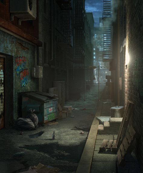 Dark lane, Nikita Moskalev on ArtStation at https://www.artstation.com/artwork/lVgPNo Run Down City Art, Dark Dystopia, Dark Alley Background, Desolate City, Alley Illustration, Cities Photography, Backgrounds Reference, Alleyway Reference, Dark Alleyway Aesthetic