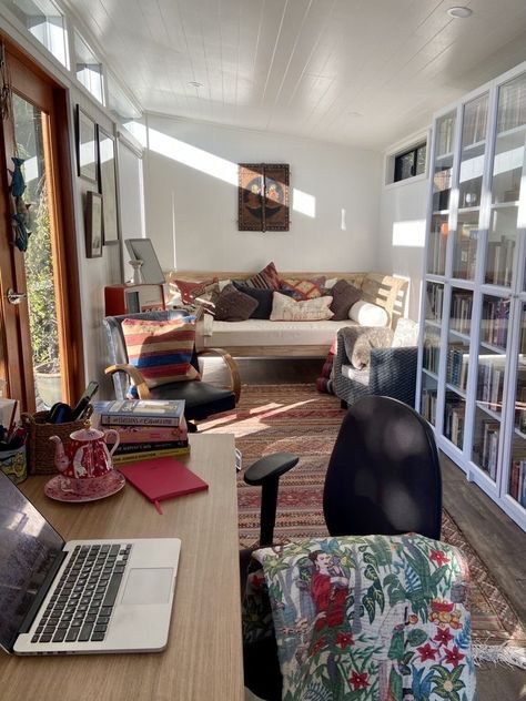 Home Writing Studio, Inside She Shed Ideas Office, Writing Shed Backyard Studio, Backyard Office Interior, Writing Studio Ideas, Outdoor Office Shed Interior, Writing Studio Workspaces, Backyard Library Shed, Renovated Shed