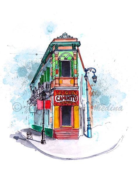 El Caminito de la Boca, Argentina Argentina Drawing, Argentina Art, Watercolor Art Diy, World Map Art, Argentina Travel, Graphic Poster Art, Design And Illustration, A Level Art, Urban Sketching